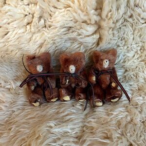 Set of Three Vintage Brown Fur Mini Teddy Bears with Bows